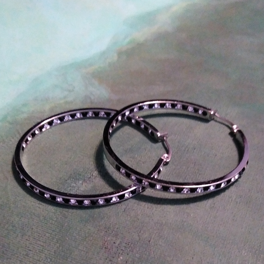 Big Black & Clear Rhinestone Silver Hoop Earrings Crystal Channel Sparkle Hoops